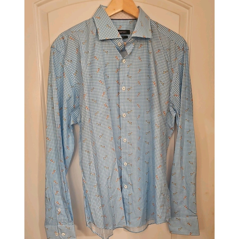 Bugatchi Blue Check Gingham Surfer Shirt Shaped Fit Mens Long Sleeve large